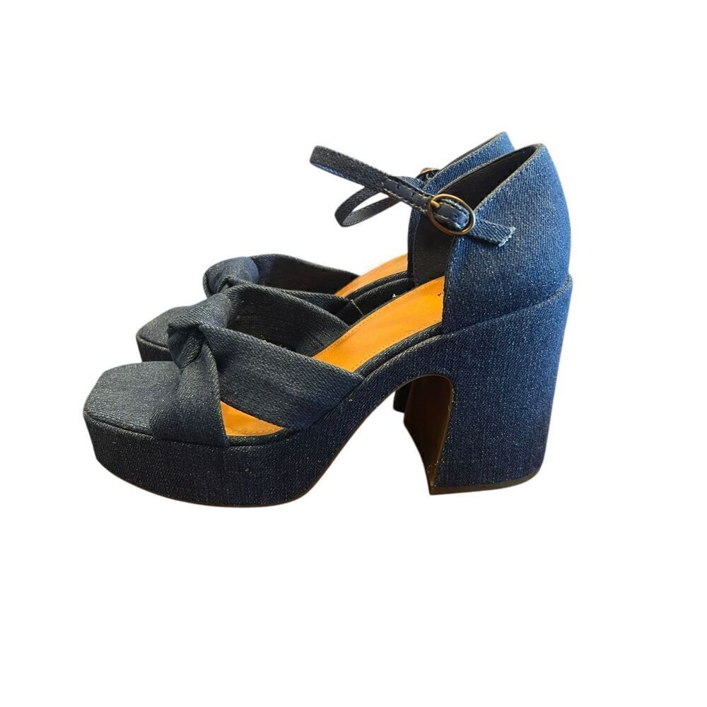 A.n.a Sandals 9M Denim Blue Platform chunky Heel Twisted Knot 70's Shoes bratz